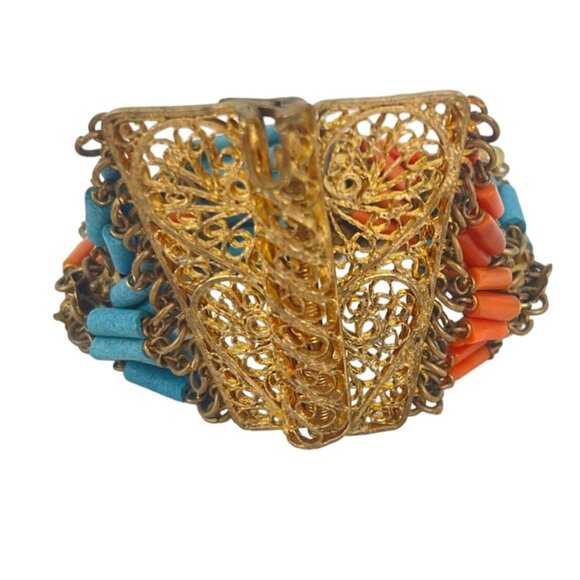 Egyptian Revival Antique Faience Coral and Turquoise Bracelets Art Deco, Estate - Picture 3 of 11